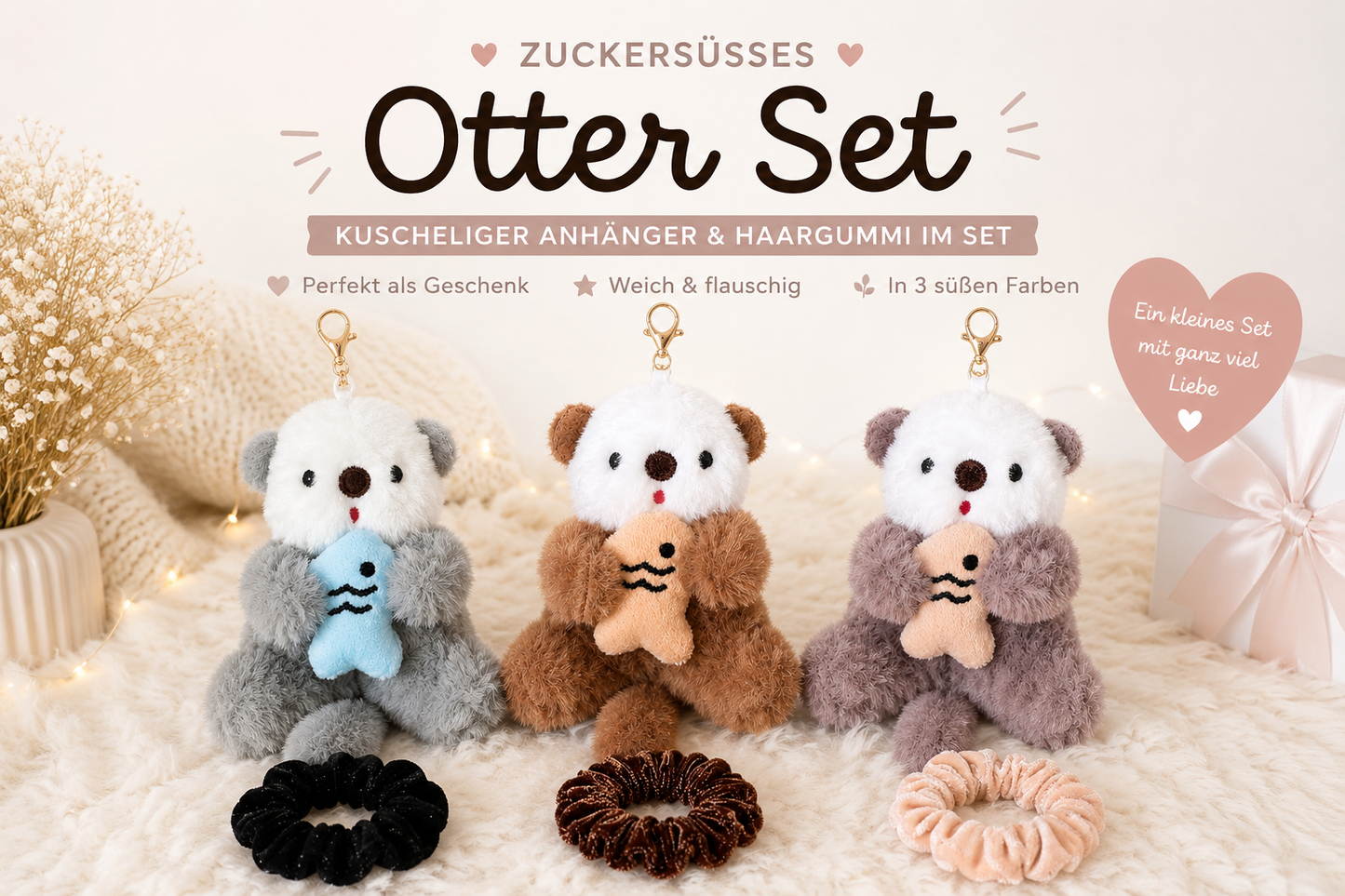 Otter Schlüsselanhänger & Samt-Scrunchie Geschenkset – 3 Farbvarianten | Geschenkfertig verpackt
