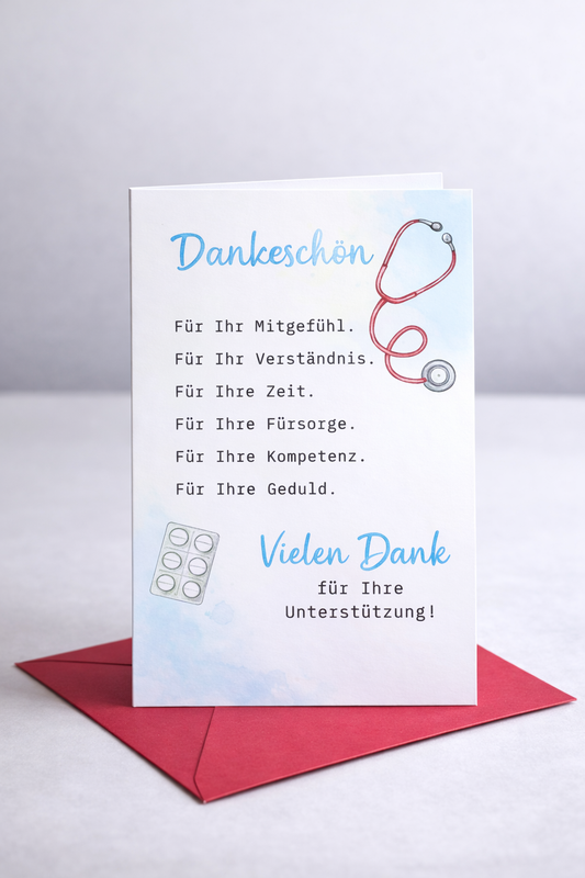 Dankeskarte Medizin mit rotem Kuvert (3 Varianten)