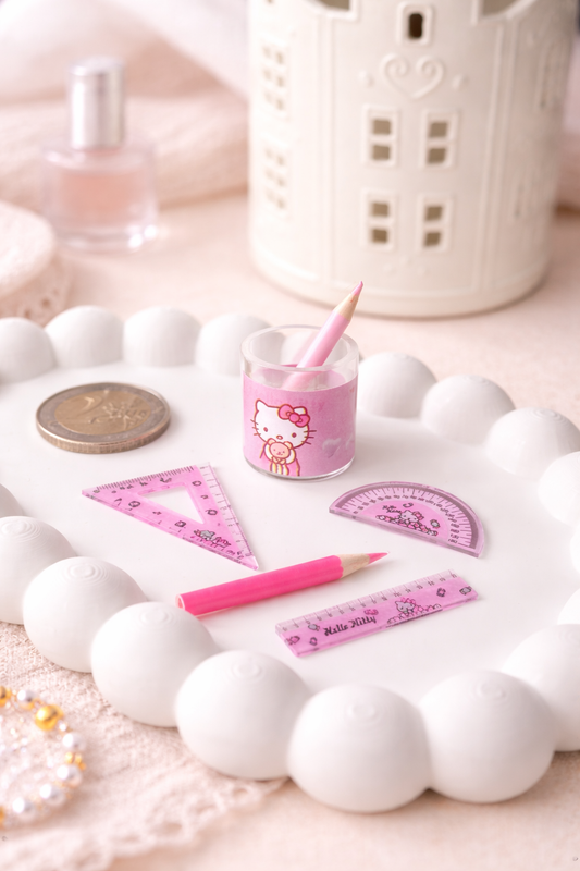 Mini Kawaii Büro Schreibset – 6-teilig im Becher | 3 Farben | ca. 1 cm Miniatur