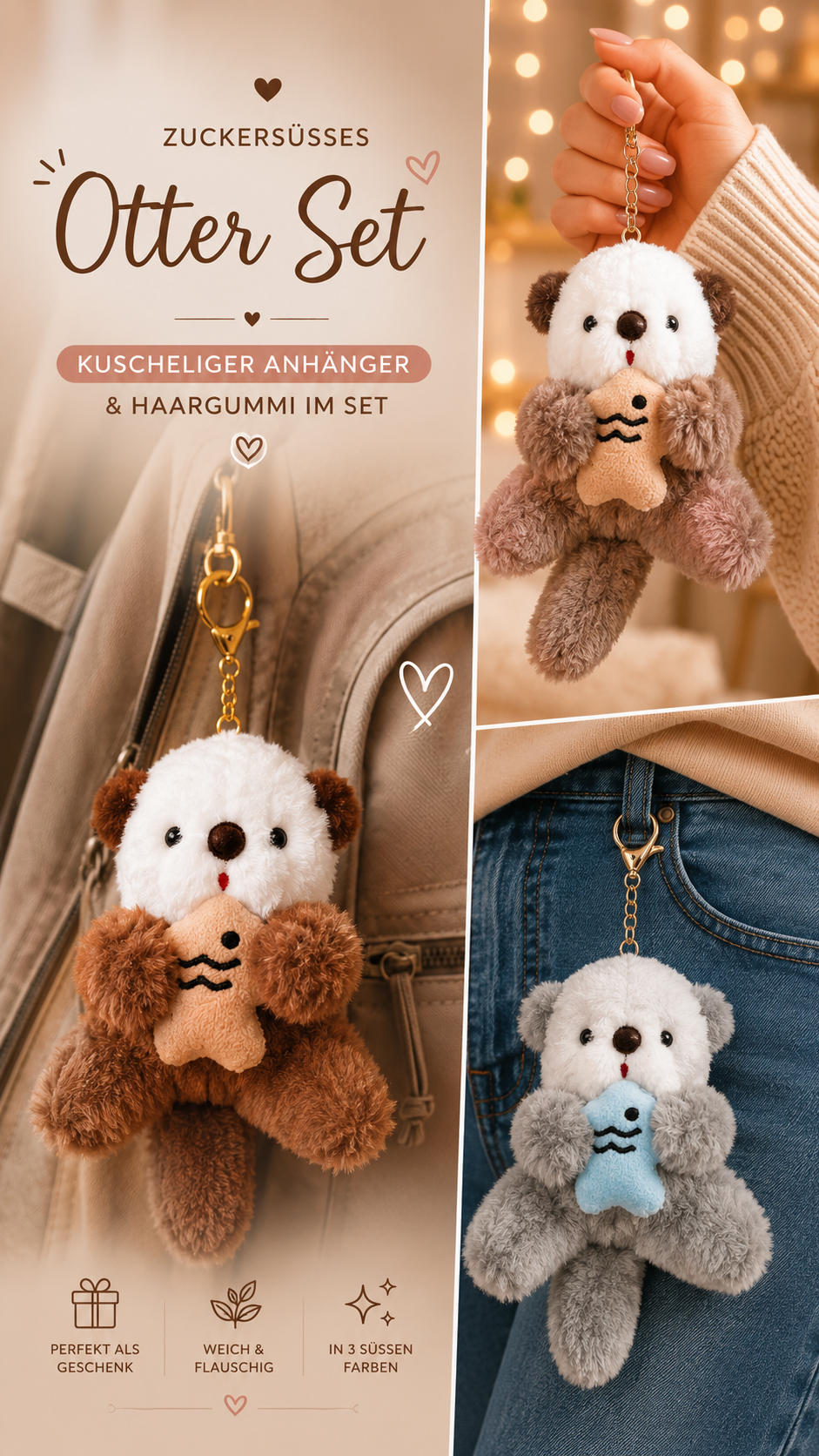 Otter Schlüsselanhänger & Samt-Scrunchie Geschenkset – 3 Farbvarianten | Geschenkfertig verpackt