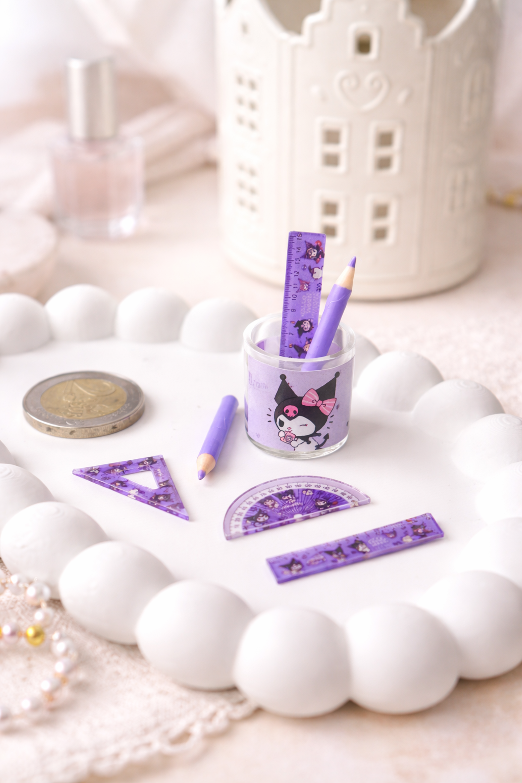 Mini Kawaii Büro Schreibset – 6-teilig im Becher | 3 Farben | ca. 1 cm Miniatur