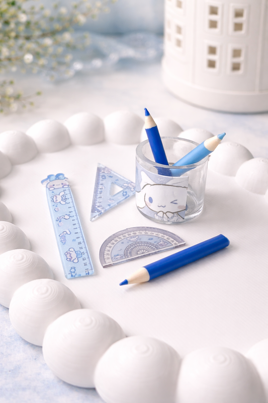 Mini Kawaii Büro Schreibset – 6-teilig im Becher | 3 Farben | ca. 1 cm Miniatur