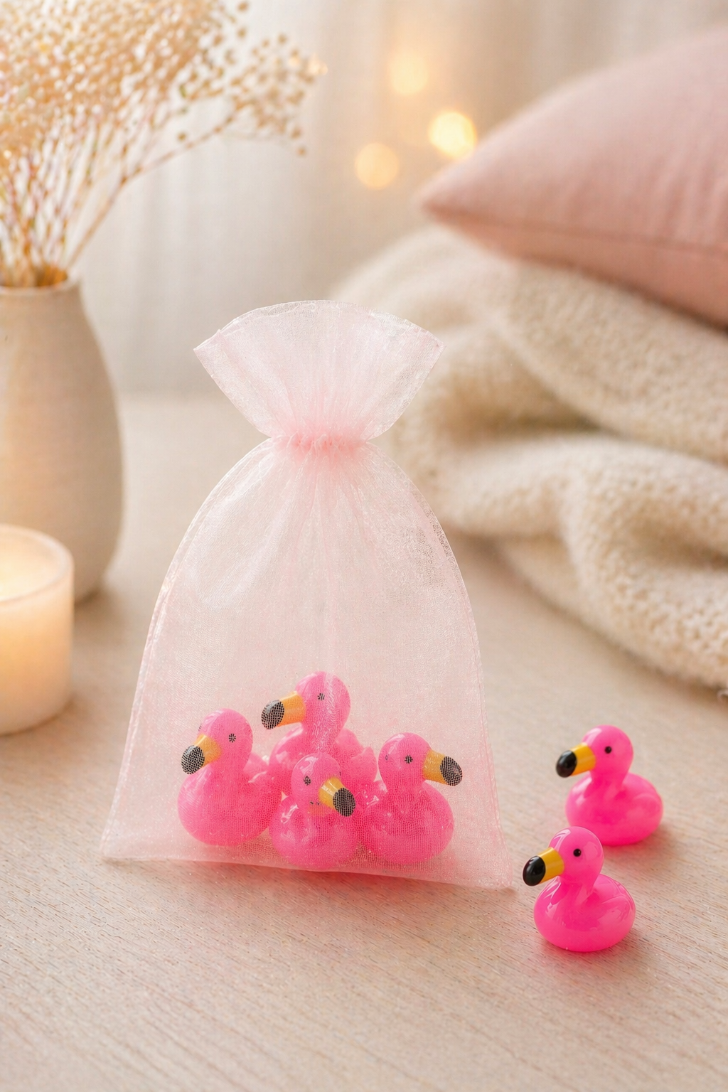 Flamingo Mini-Entchen Set (5 Stück) – Selbstklebend mit Klebepad | 1,5 cm Micro Ducks im Organza Säckchen