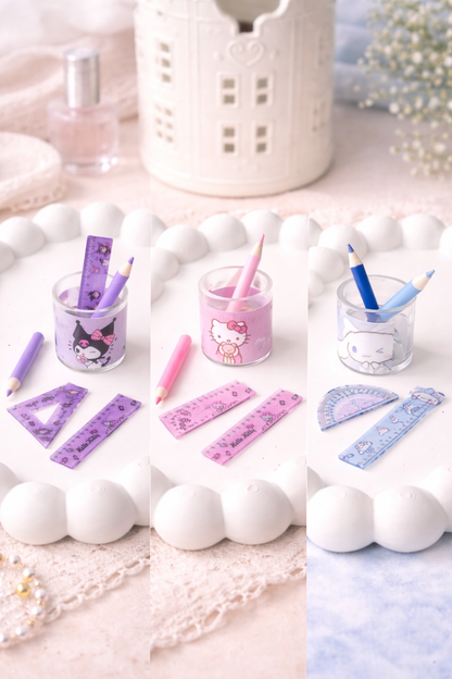 Mini Kawaii Büro Schreibset – 6-teilig im Becher | 3 Farben | ca. 1 cm Miniatur