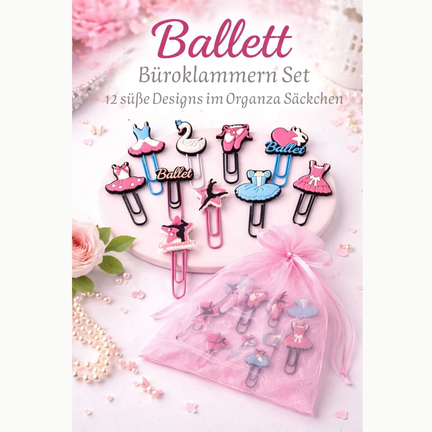 🩰 Ballett Büroklammern Set – 12 süße Tanz Designs im Organzasäckchen