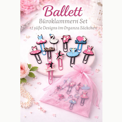 🩰 Ballett Büroklammern Set – 12 süße Tanz Designs im Organzasäckchen