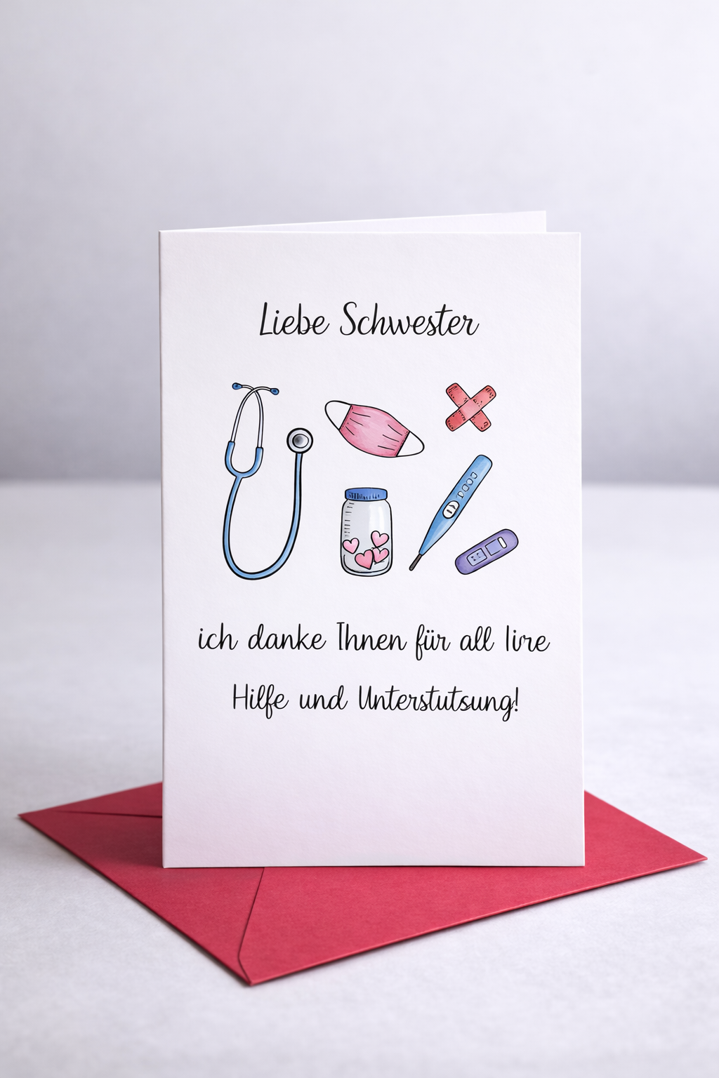 Dankeskarte Medizin mit rotem Kuvert (3 Varianten)