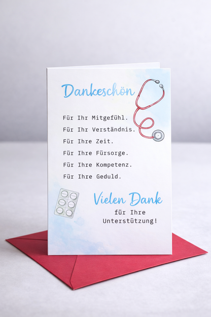 Dankeskarte Medizin mit rotem Kuvert (3 Varianten)