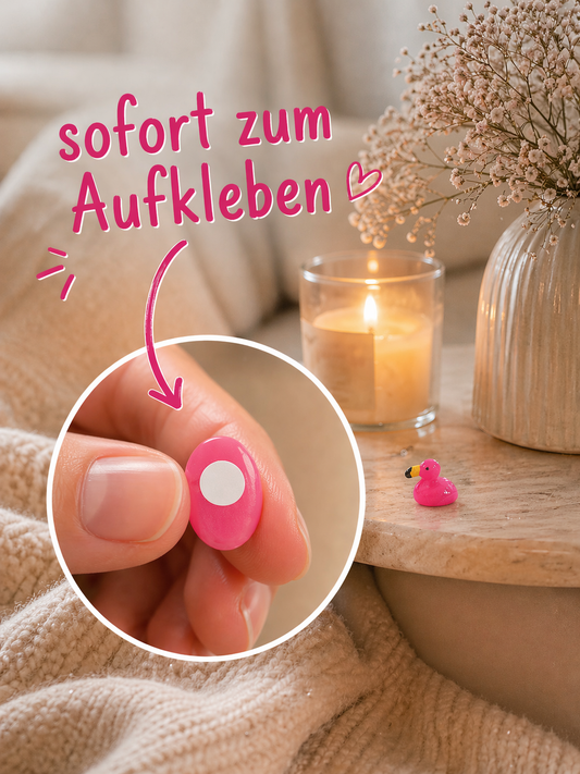Flamingo Mini-Entchen Set (5 Stück) – Selbstklebend mit Klebepad | 1,5 cm Micro Ducks im Organza Säckchen
