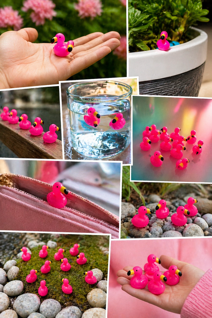 Flamingo Mini-Entchen Set (5 Stück) – Selbstklebend mit Klebepad | 1,5 cm Micro Ducks im Organza Säckchen