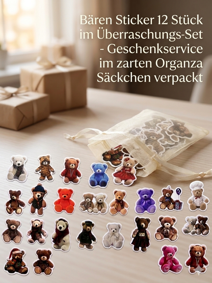 Niedliches Teddy Bären Sticker Set (12 Stück) im Organza Säckchen