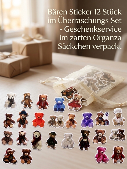 Niedliches Teddy Bären Sticker Set (12 Stück) im Organza Säckchen