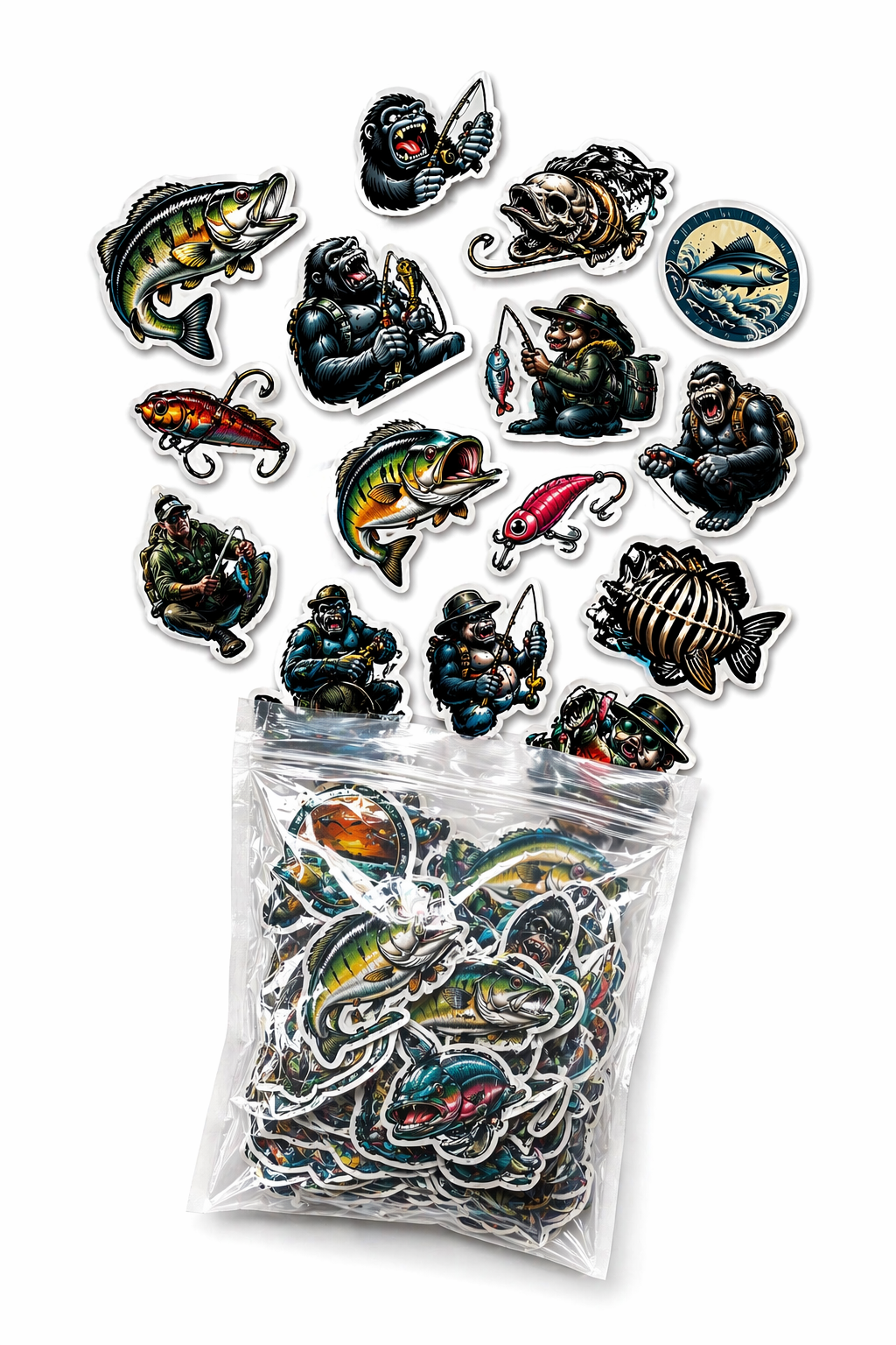 Fishing Sticker Mystery Set – 10 hochwertige Angel-Sticker (glänzend, ca. 4–5 cm)