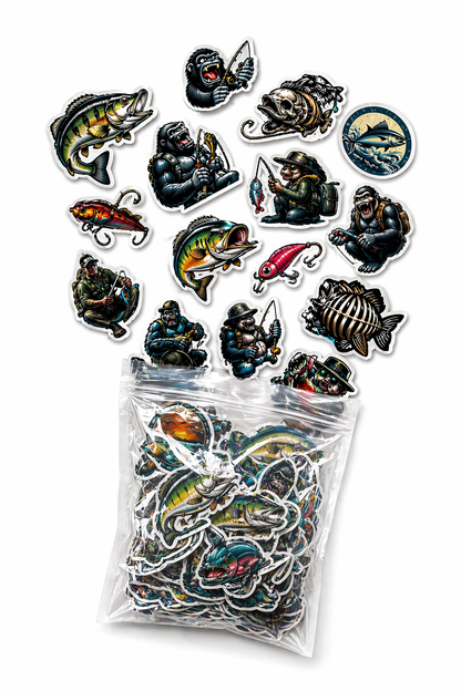 Fishing Sticker Mystery Set – 10 hochwertige Angel-Sticker (glänzend, ca. 4–5 cm)