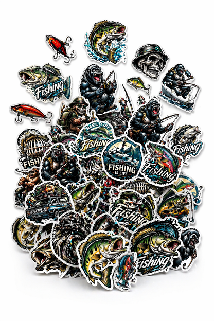 Fishing Sticker Mystery Set – 10 hochwertige Angel-Sticker (glänzend, ca. 4–5 cm)