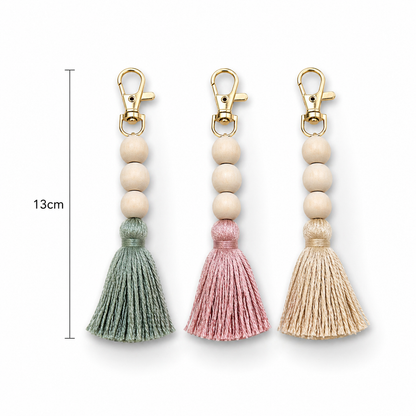 Quasten Schlüsselanhänger mit Holzperlen – 13 cm, Boho Style (3 Farben)