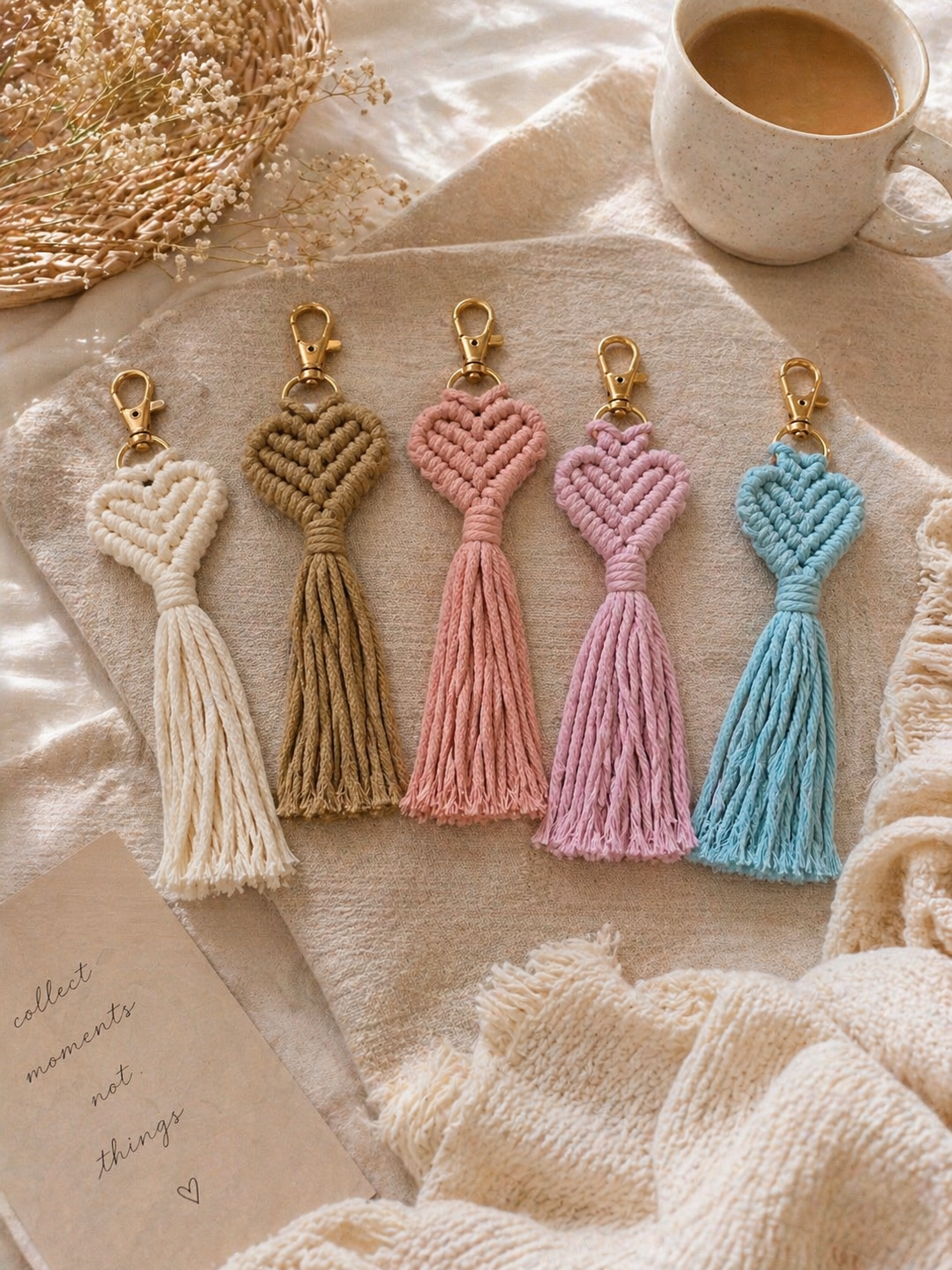 Makramee Herz Schlüsselanhänger – Boho Tassel mit Quaste, 17–18 cm (verschiedene Farben)