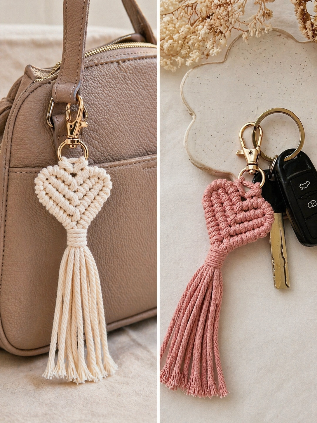 Makramee Herz Schlüsselanhänger – Boho Tassel mit Quaste, 17–18 cm (verschiedene Farben)