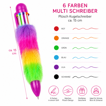 6 Farben Multi Kugelschreiber mit Plüsch – Regenbogen Stift 15 cm