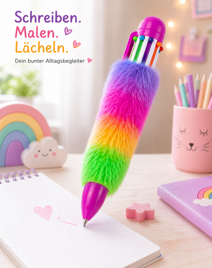 6 Farben Multi Kugelschreiber mit Plüsch – Regenbogen Stift 15 cm