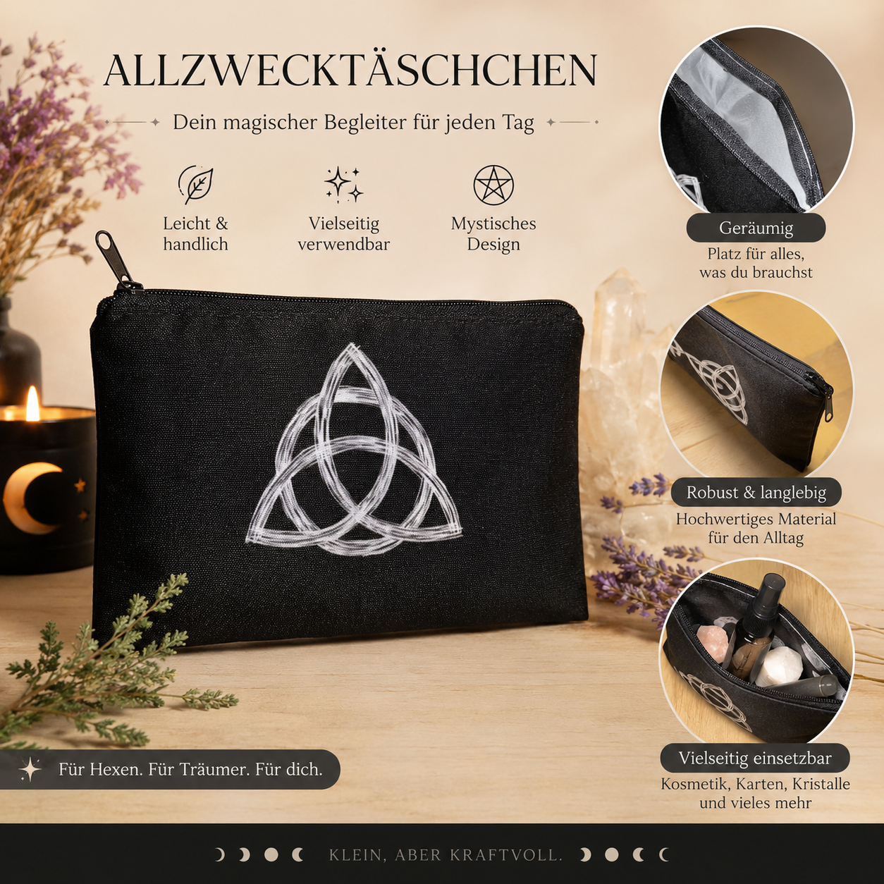 Mystisches Allzwecktäschchen mit Triquetra Symbol – Witchy Kosmetiktasche 21x14 cm