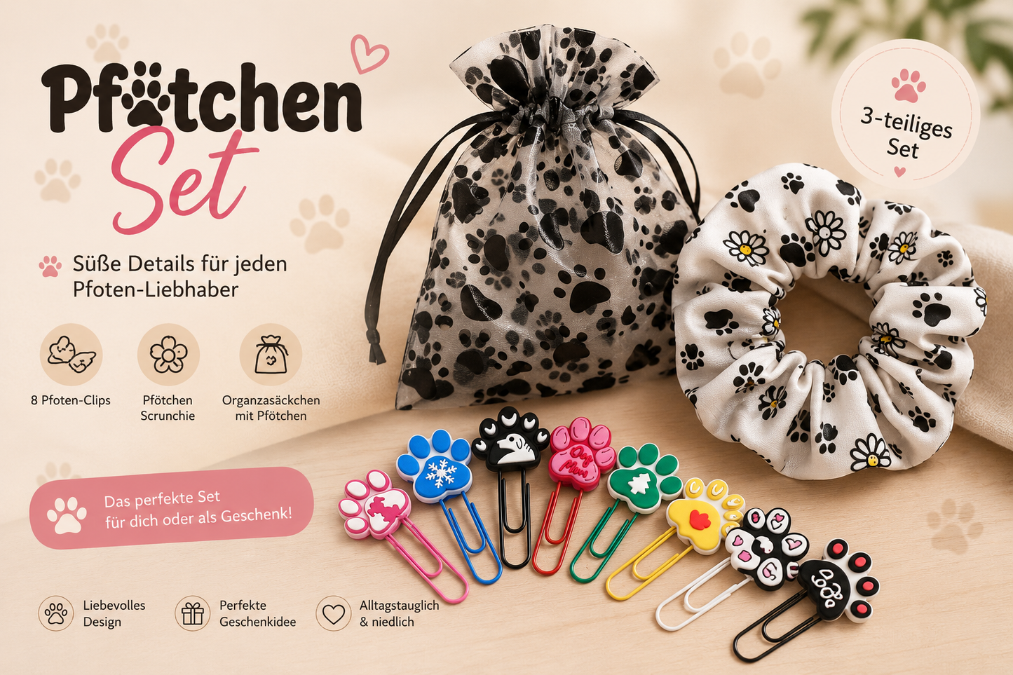 Pfötchen Geschenkset mit Scrunchie & 8 Pfoten-Clips