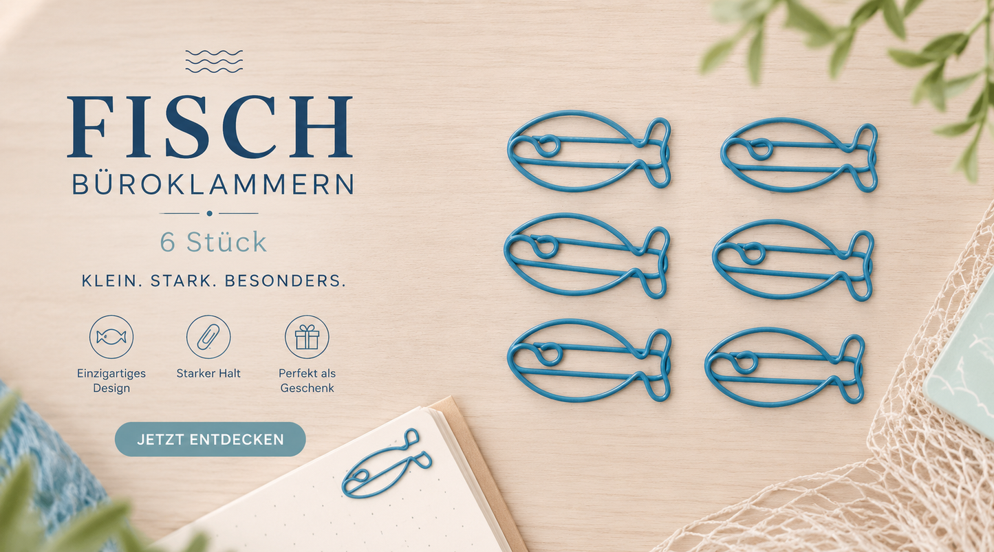 Design Büroklammern Fisch Blau – 6 Stück - geschenkfertig