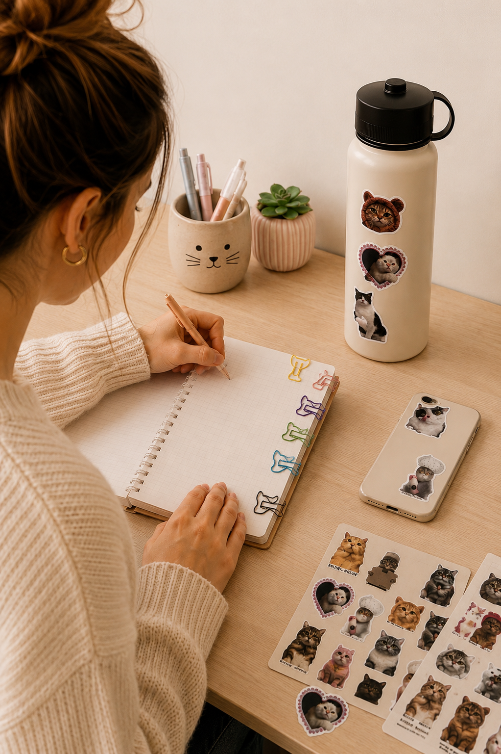 Katzen Büroklammern & Funny Cat Sticker Set im Organzasäckchen – 16-teiliges Geschenkset