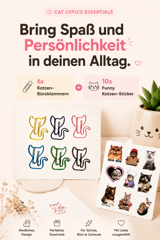 Katzen Büroklammern & Funny Cat Sticker Set im Organzasäckchen – 16-teiliges Geschenkset