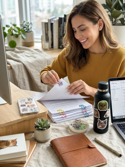 Katzen Büroklammern & Funny Cat Sticker Set im Organzasäckchen – 16-teiliges Geschenkset