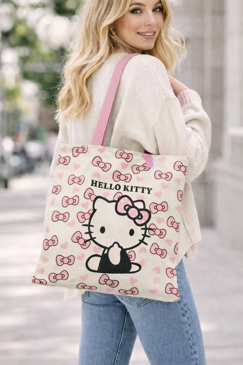 Kawaii Katzen Shopper Tasche mit rosa Schleifen