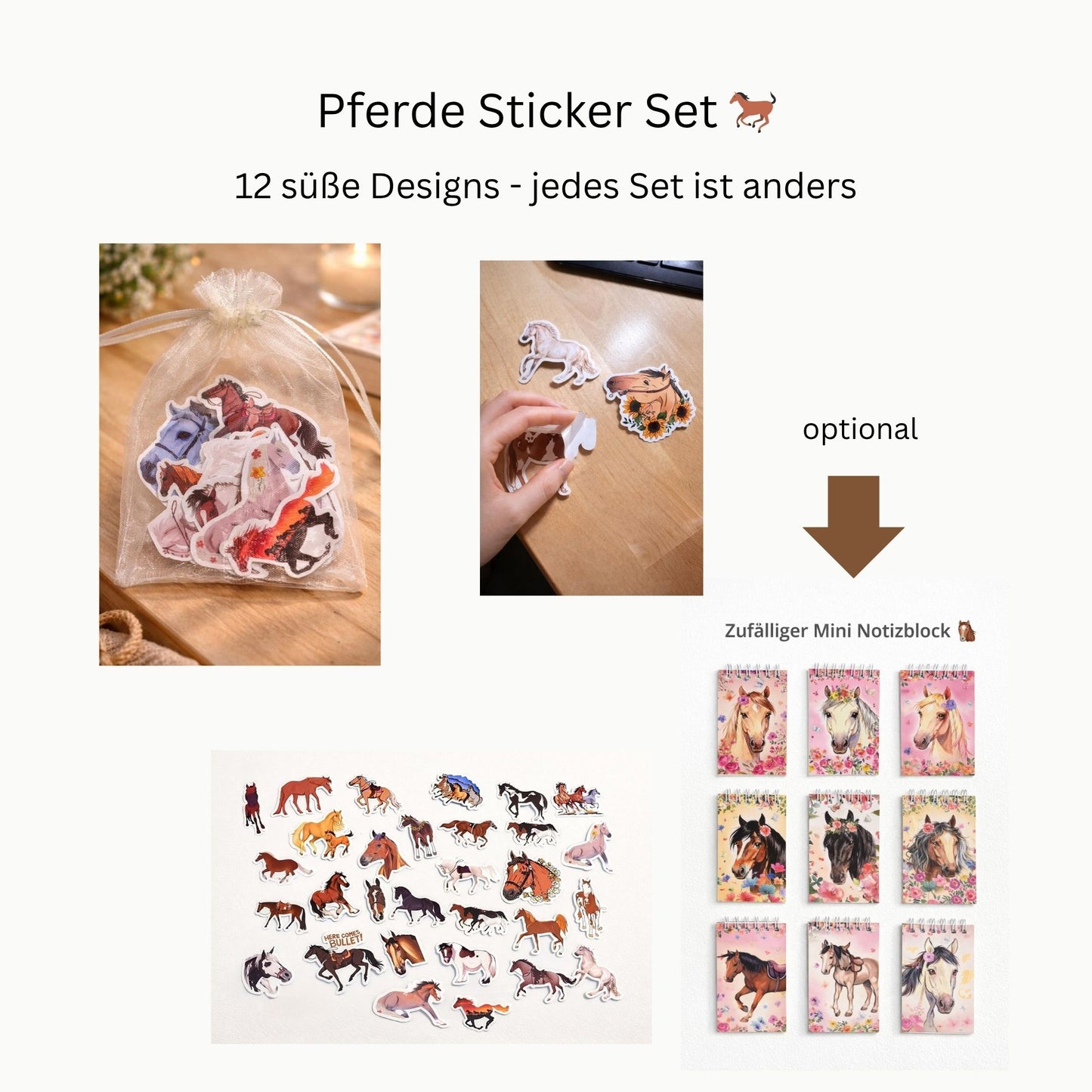 Pferde Sticker Set (12 Stück) | Realistische Pferde Aufkleber + optional Notizblock