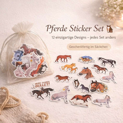 Pferde Sticker Set (12 Stück) | Realistische Pferde Aufkleber + optional Notizblock