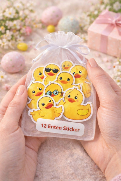 Entchen Sticker Set – 12 süße Enten Sticker im Organza Säckchen