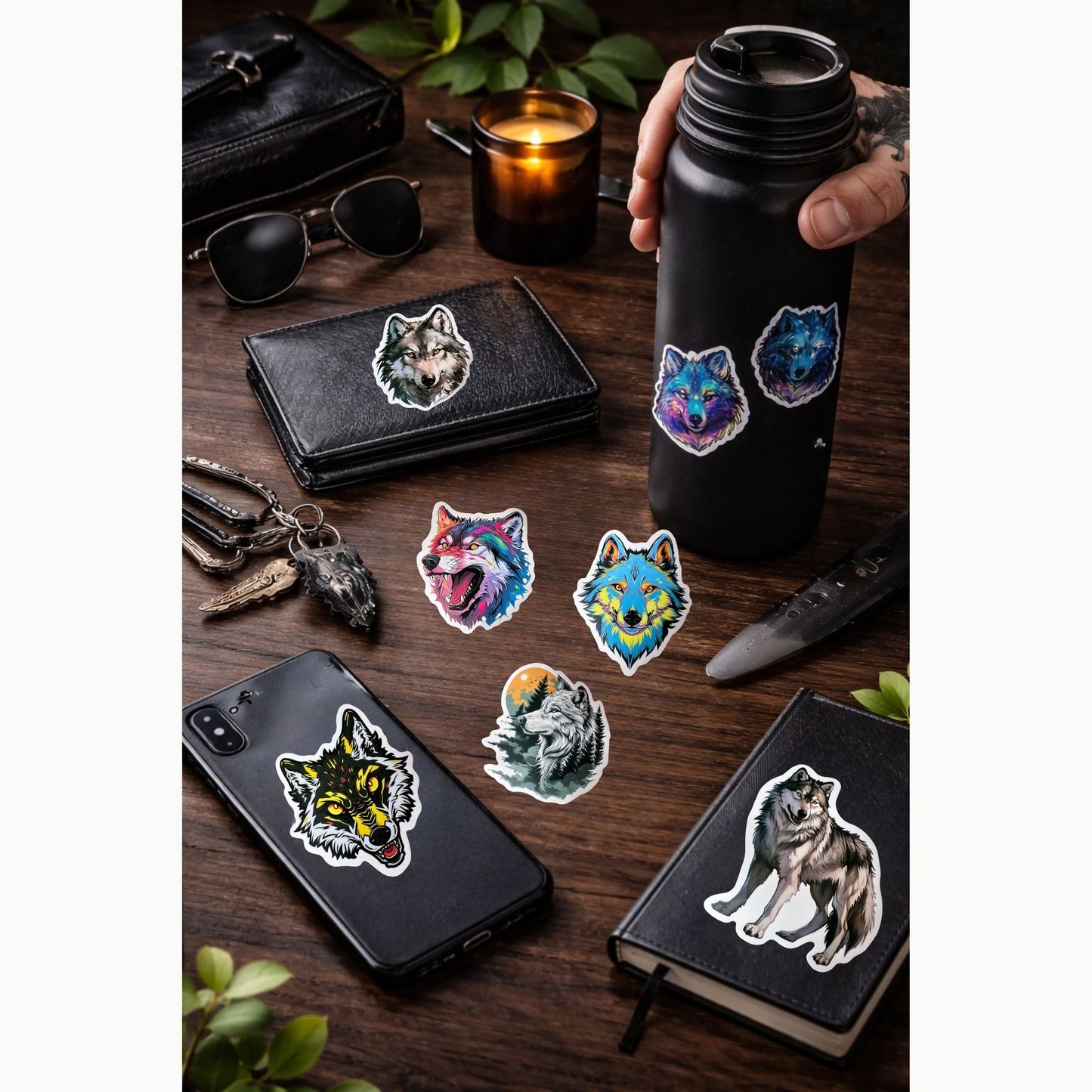 🐺 Wolf Sticker Set – 12 starke Designs im schwarzen Organzasäckchen